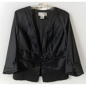 J R Nites Black Chiffon Beaded Cutout Evening Jacket Women's Size 14W 3/4 Sleeve